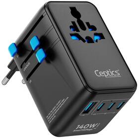 Ceptics 850021323684 6 In 1 International Power Adapter With Pd 140w Usb-c 1x Usb-a 3x Type C U